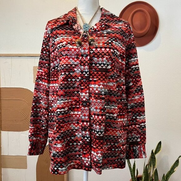 M'lady Vintage 70s Red Southwestern Mountain Abstract Print Long Sleeve Blouse - Picture 4 of 11